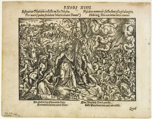 Punaisen meren kulku (recto) ja Jaakobin hautaus (verso) Neuwe Biblische Figurenista, levy 48 puupiirroksia XVI vuosisadan kirjoista tekijältä Jost Amman
