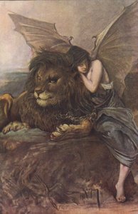 Leijona ja siivekäs nainen (väri litho) tekijältä Joszi Arpad Koppay