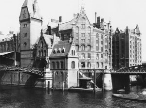 Näkymä Speicherstadtiin (varastokaupunki) Hampuri, n. 1910