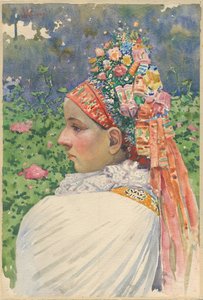 Slovakialainen morsianpari Uprka, Joza (1861-1940). Öljy kankaalle, koko: 54,8x37 tekijältä Joža Uprka
