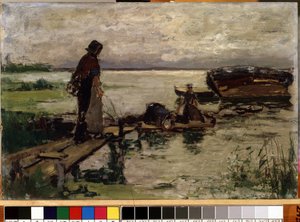 ""Rannalla"" (Meren rannalla) Hollantilaiset talonpojat veden äärellä. Josef Israelsin (1824-1911) maalaus Mikalojus Konstantinas Ciurlionisin taidemuseo, Kaunas, Liettua