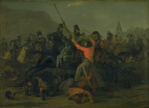 Eversti Boncke Bönnichsenin kaatuminen 6. joulukuuta 1813 Jyllannin lohikäärmeiden ja kasakkojen kaksintaistelun aikana tekijältä Jørgen V. Sonne