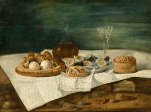 Asetelma, jossa on pastilleja, viiniä ja kananmunia, n.1770-1790.