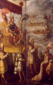Montezuma, yksityiskohta Cortesin ja Montezuman tapaamisesta, Juan Correan (1645-1716) kuvaruutu, öljy kankaalle, 250x600 cm tekijältä Juan Correa