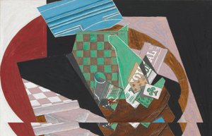 Checkerboard and Playing Cards, 1915 (guassia, grafiittia ja hartsia kermanväriselle paperimassalle, kiinnitetty kartongille). tekijältä Juan Gris