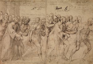 Tutkimus Pyhän Tapanin marttyyrikuoleman johdatukselle, 1566 (kynä ja ruskea muste, harmaa pesu ja (myöhemmin?) punaisen liidun jälkiä paperilla) (recto) tekijältä Juan de Juanes Juan de Juanes