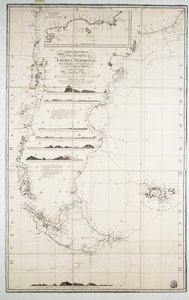 Chilen, Patagonian, Tulimaan ja Falklandinsaarten kartta, noin 1798 (kaiverrus). tekijältä Juan de Langara