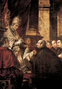 Pyhä Ignatius Loyola vastaanottaa jesuiittojen ritarikunnan bullan paavi Paavali III:lta, Juan de Valdes Lealin maalaus.