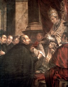 Pyhä Ignatius vastaanottaa paavin bullan Jeesuksen seuran (jesuiittojen) perustamisesta paavi Paavali III:lta