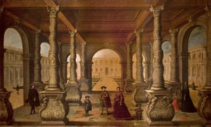 Philip IV ja hänen kuningattarensa pylväikkössä, n. 1630 (öljy kankaalle) tekijältä Juan de la Corte