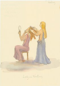 Keskiaikainen nainen odottaa, harjaa naisen hiuksia, 2004. tekijältä Judith Dobie