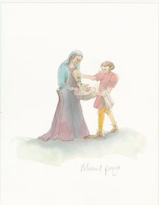 Keskiaikainen sivu, joka auttaa naista pesemään kätensä, 2004. tekijältä Judith Dobie