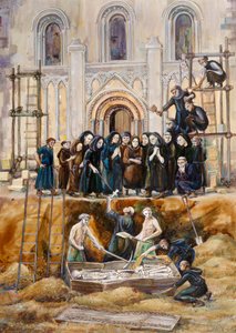Arthurin ja Guiniveren kaivaminen Glastonbury Abbeyssa, Somersetissä, 1193 2010 tekijältä Judith Dobie