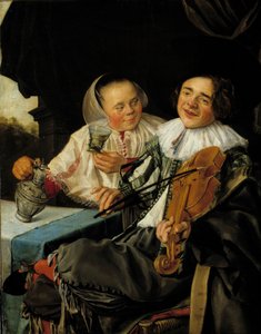 Iloinen seura Viulisti ja nainen tarjoilemassa hänelle lasin viiniä, molemmat humalassa. Judith Leysterin (1609-1660) maalaus