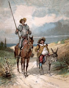 Don Quijote ja Sancho Panza, kuvitus Miguel de Cervantesin kirjasta "History of Don Quijote", kaiverrus Jules Davidin mukaan