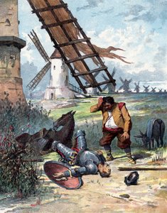 Don Quijote on taistellut tuulimyllyjä vastaan ja kaatunut hevosestaan, Sancho Panza katselee isäntänsä, kuvitus Miguel de Cervantesin kirjasta "Histoire de Don Quichotte", kaiverrus Jules Davidin mukaan