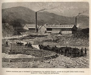 Meksikon arastrat (muulien jalkojen tallaama alue, kuten blesin polkeminen) hopeamalmien jauhamiseen ja yhdistämiseen (Gould- ja Curry-tehtaat) Virginia Cityn (Nevada) läheisyydessä, kaiverrus J.Feratin piirustuksen mukaan , kuvitus tekijältä Jules (after) Ferat