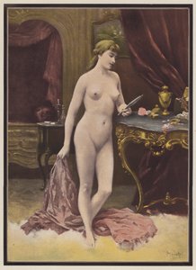 Nainen peilin kanssa (väri litho)