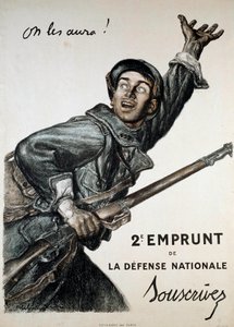 Ensimmäinen maailmansota (1914-1918): Abel Faivren (1867-1945) juliste kansallista lainaa varten. Sotilas kehottaa yleisöä tilaamaan sen "Me saamme heidät!" - 2nd Loan de la Defense Nationale - Tilaa tekijältä Jules Abel Faivre