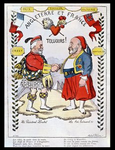 Entente Cordiale Ranskan ja Ison-Britannian välillä: pilakuvat presidentti Loubetista (1838-1929) ja kuningas Edward VII:stä (1841-1910), kuvitus Le Riresta, 1903