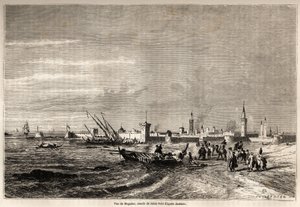 Näkymä Essaouirasta (entinen Mogador), Jules Noelin (1810-1881) piirustus havainnollistamaan Mr.F. Schicklerin matka Marokkoon vuonna 1860. Kaiverrus "" Le tour du monde, nouveau journal des voyages" Paris