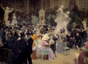 Belle epoque: "" Perjantai Salon des artistes françaisissa"" Pariisin porvariston jäsenet tapaavat sosiaalisten tapahtumien yhteydessä. Yksityiskohta. Jules Alexandre Grunin (1868-1934) maalaus 1911 Su. 3,6x6,16 m Rouen, Musee des Beaux Arts