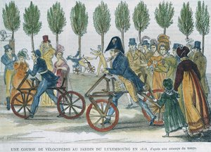 Velosipedikilpailu Jardin du Luxembourgissa vuonna 1818 P. Comten (1800-luku) kaiverruksen jälkeen (värikaiverrus) tekijältä Jules Antoine Duvaux
