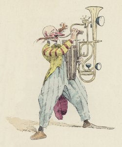 Klovni soittaa epätavallista instrumenttia (väri litho)