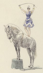 Voimistelija seisoo hevosen selässä (väri litho)