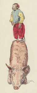 Apina ratsastaa sikalla (värinen lito)