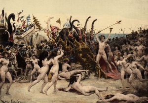 Bacchus (Dionysos, Bacco) ja hänen armeijansa hyökkäävät Intian armeijan kimppuun.