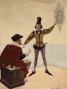 Englannin kuningas Edouart (Edward) V katselee vessassaan Ranskan vaakunaa, jonka lääkäri näyttää hänelle. Pantagruel. Jules Garnierin kuvitus. Teoksessa "Rabelais et l