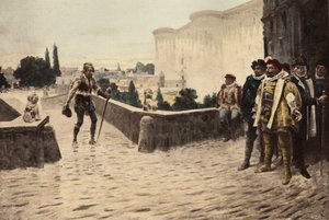 Panurge ylittää Charantonin sillan Pariisissa ja kohtaa Pantagruelin. Pantagrue l. Kuvitus: Jules Garnier. Teoksessa "Rabelais et l