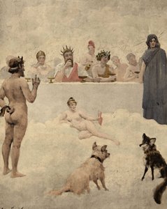 Puutarhojen jumala Priapus takaisin jumalten neuvoston eteen. Keskellä Iupiter (Jupiter, Zeus). Hänen vasemmalla puolellaan Bacchus (Dionysos, Bacco). Tuolla alhaalla koira ja kettu. Pantagruel. Jules Garnierin kuvitus. Teoksessa "Rabelais et l