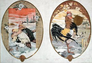 Kukko ja kanat, suunnittelu näyttöön, n. 1900 (väri litho)