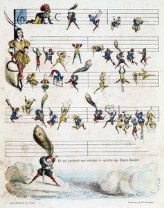 Nuotit nuotit partituurille, Baricin piirustus vuodelta 1862 havainnollistamaan Kroknotskin lastenkirjaa, jossa kerrotaan Martin Landorin tarinasta. tekijältä Jules Baric