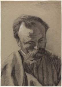 Omakuva, n.1877 (mustaa liitua korotettu valkoisella liidulla, harmaalle liimapaperille) tekijältä Jules Bastien Lepage