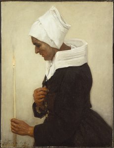 Bretonilainen talonpoikanainen pitelee kartiota, n. 1869 tekijältä Jules Breton