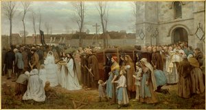 Golgatakulkueen istuttaminen bretonilaisen kirkon eteen. Jules Bretonin (1827-1906) maalaus 1858 su. 1,35x2,5 m Lille, musee des Beaux Arts - Golgatan pystyttäminen. Kulkue bretonilaisen kirkon edessä. Jules Bretonin (1827-1906) maalaus 1858 tekijältä Jules Breton