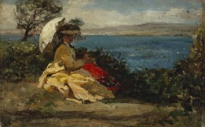 Nainen aurinkovarjon kanssa, Douarnenezin lahdella, vuosina 1870-1875 (öljy kankaalle) tekijältä Jules Breton
