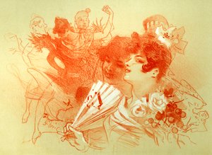 Juhlissa - Jules Cheretin (1836 - 1932) piirustus (sangviini) - nuoret naiset ja tanssijat - tanssi - yksityinen kokoelma - tekijältä Jules Cheret