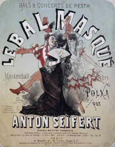 Pesthin juhla ja konsertti: naamiopallo (Maskenball, kuuluisa Anton Seifertin polka) - juliste Jules Cheret, n.d. tekijältä Jules Cheret