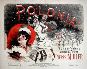 "Polonia", Pierre Mullerin Chopinin motiiveista säveltämän valssien partituurin kansi, 1800-luvun loppupuoli (värilitografia). tekijältä Jules Cheret