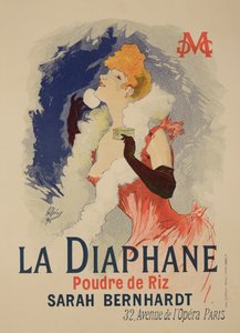 Jäljennös julisteesta, joka mainostaa "La Diaphanea", läpikuultava kasvopuuteri, mallinnut Sarah Bernhardt (1844-1923), 1890