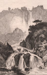 Näkymä Marmoren putouksille (Cascata delle Marmore) lähellä Terniä, Umbria, Italia, teräskaiverrus Jules Coignet