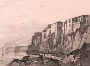 Näkymä Sorrentosta Torquato Tasson talolla, Campania, Italia, Sauvagen teräskaiverrus Jules Coignet