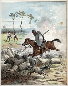 Don Quijote tappaa lampaita, jotka luulivat olevansa ritareita - Don Quijote hevosessaan lävistää ritariksi pitämänsä lampaat - Kuva Jules Davidista (1808-1892) Don Quijoten historiasta (Don Quijote) - 1887 - Miguel de Cervantes Saavedra (1547) -1616)