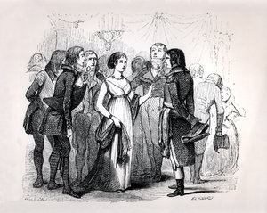 Madame de Stael (1766-1817) kyselee Napoleon Bonapartea (1769-1821) parhaista naisista Emile Marco de Saint-Hilairen "Napoleonista", Bernardin kaivertama Pariisi, 1843