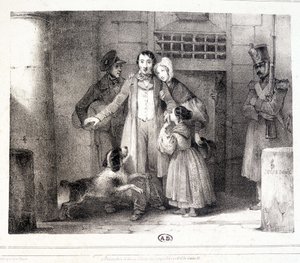 Mies lähtee vankilasta ja yhdistyi perheensä kanssa, n. 1830. tekijältä Jules David