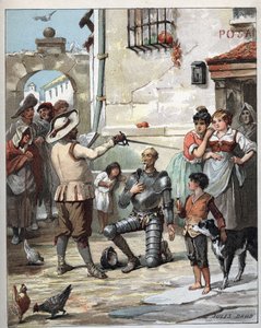 Majatalon ulkopuolella Don Quijotesta tulee ritari - Kuva Jules Davidista (1808-1892) Don Quijoten historiasta (Don Quijote) - 1887 - Miguel de Cervantes Saavedra (1547-1616) -